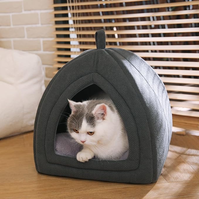 2-in-1 Foldable Cat House for Indoor Cats with Washable Cushion and Non-Slip Base, 15 x 15 Inches, Small