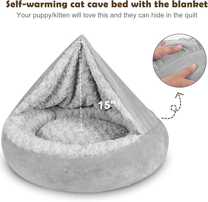 Small Dog Cat Bed with Hooded Blanket, Comfortable Luxury Small Dog Pet Bed, Donut Round Calming Anti-Anxiety Dog Cave Bed - Non-Slip Bottom, Machine Washable 23 Inch