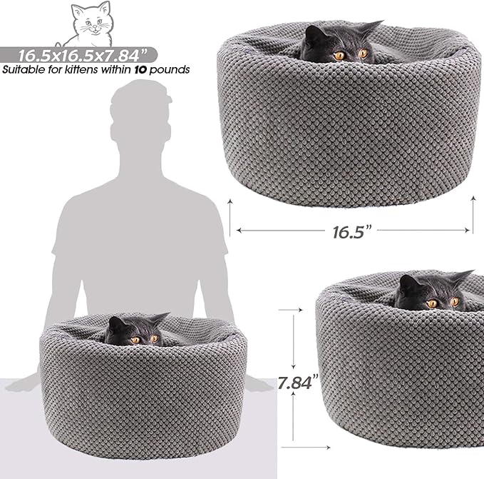 Large Cat Den Bed - Soft, Enclosed, Washable, Indoor/Outdoor Cats and Kittens, Non-Slip Bottom, Soothing, Covered (Gray, 16.5 x 16.5 x 7.48 inches)