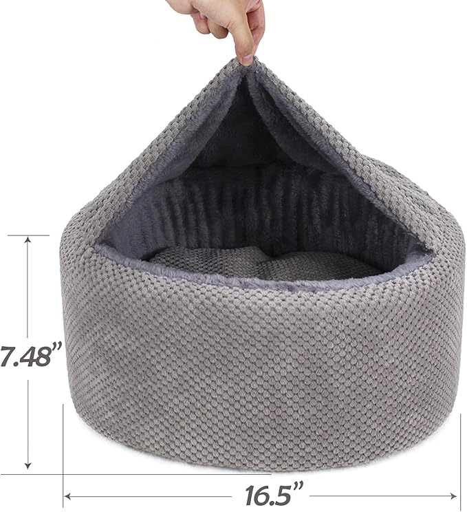 Large Cat Den Bed - Soft, Enclosed, Washable, Indoor/Outdoor Cats and Kittens, Non-Slip Bottom, Soothing, Covered (Gray, 16.5 x 16.5 x 7.48 inches)