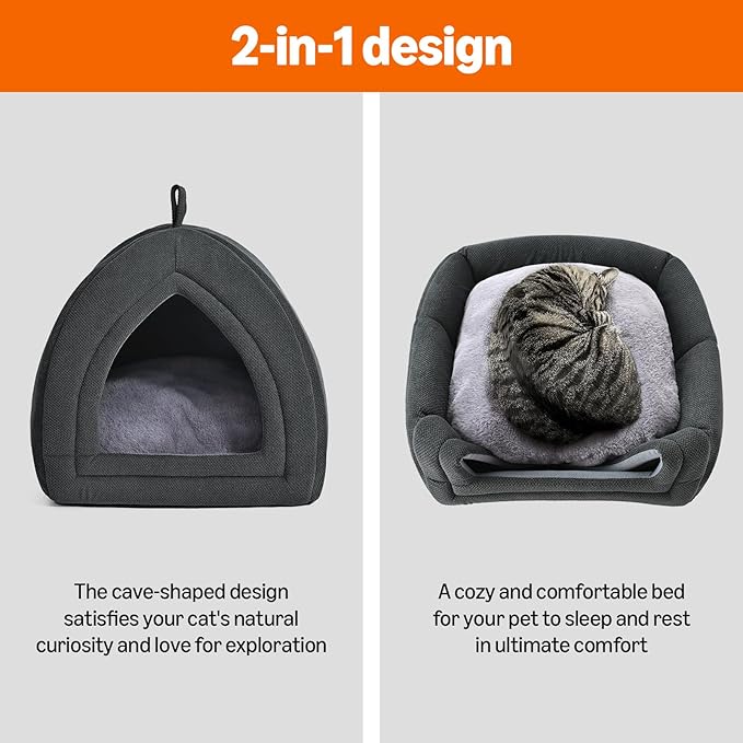 2-in-1 Foldable Cat House for Indoor Cats with Washable Cushion and Non-Slip Base, 15 x 15 Inches, Small