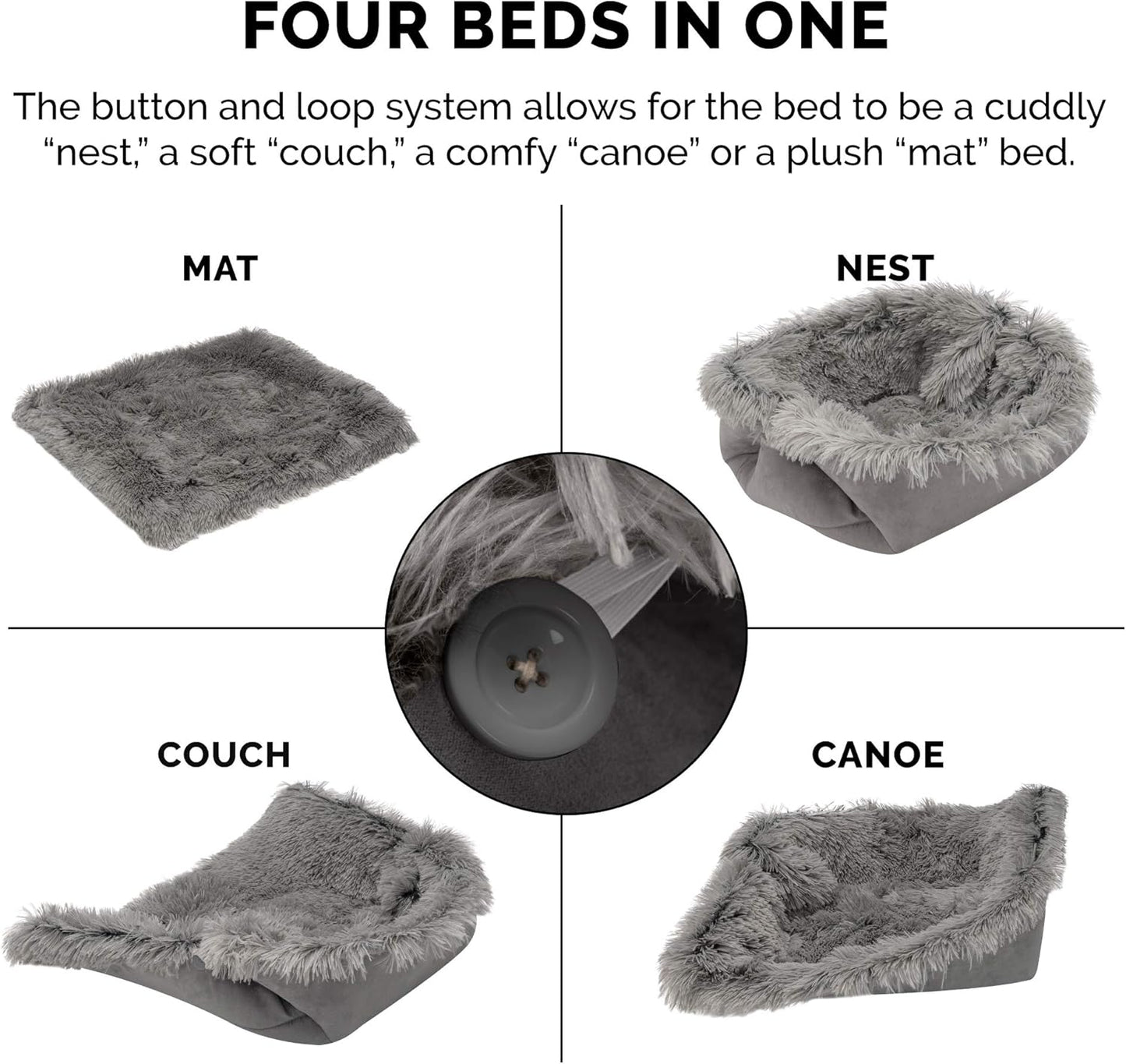 Self-Heating Cat Bed for Indoor Cats, 4-in-1 Washable - Long Faux Fur Convertible Throw - Gray, Small