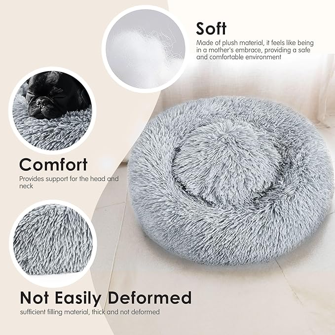 Indoor Cat Bed for Dogs and Cats, 20 Inch Soothing Donut Bed for Puppies and Kittens, Washable Round Fluffy Pet Bed for Small and Medium Dogs and Cats (Light Gray)