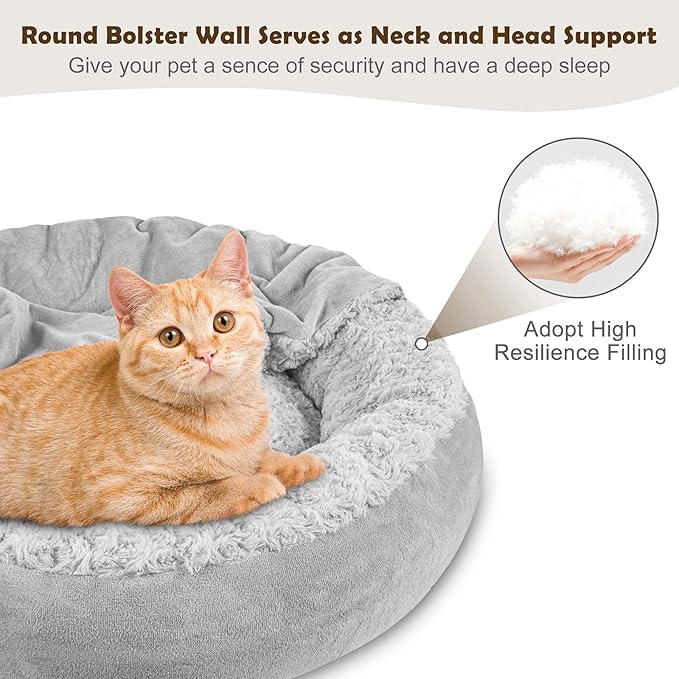 Small Dog Cat Bed with Hooded Blanket, Comfortable Luxury Small Dog Pet Bed, Donut Round Calming Anti-Anxiety Dog Cave Bed - Non-Slip Bottom, Machine Washable 23 Inch