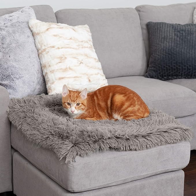 Self-Heating Cat Bed for Indoor Cats, 4-in-1 Washable - Long Faux Fur Convertible Throw - Gray, Small