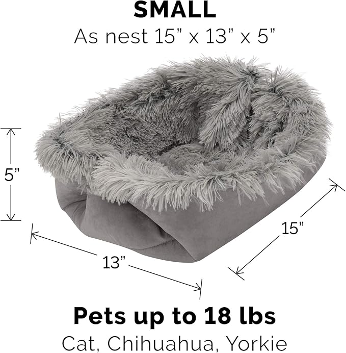Self-Heating Cat Bed for Indoor Cats, 4-in-1 Washable - Long Faux Fur Convertible Throw - Gray, Small