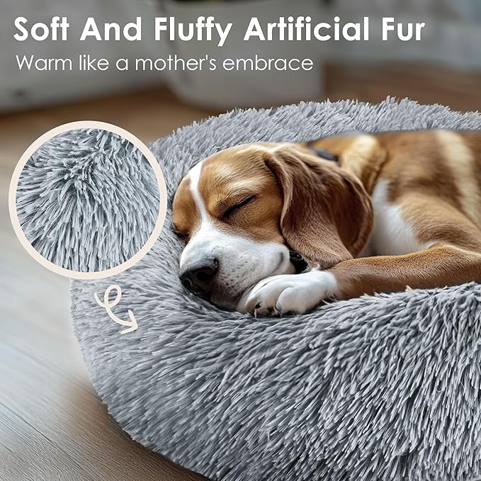 Indoor Cat Bed for Dogs and Cats, 20 Inch Soothing Donut Bed for Puppies and Kittens, Washable Round Fluffy Pet Bed for Small and Medium Dogs and Cats (Light Gray)
