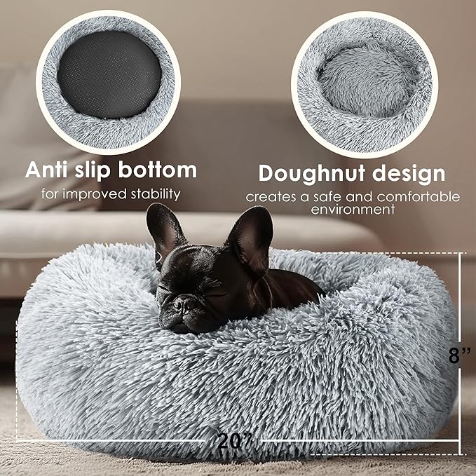 Indoor Cat Bed for Dogs and Cats, 20 Inch Soothing Donut Bed for Puppies and Kittens, Washable Round Fluffy Pet Bed for Small and Medium Dogs and Cats (Light Gray)