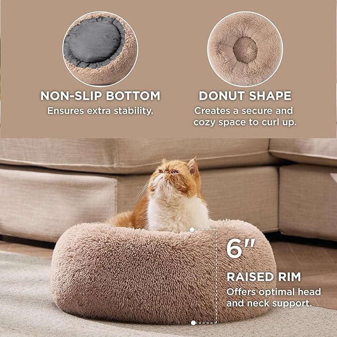 20 - Inch Round Plush Cat Bed, Deep - Sleep Pet Nest, Soft & Cozy Cat Sleeping Mat