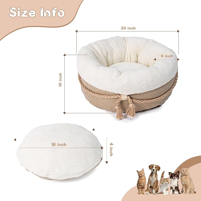 Cat Bed and Small Dog Bed with Support Walls, Thick Bottom, Comfortable Donut Shape, Soft and Durable Fabric, 20x20x10 Cat Bed for Indoor Cats