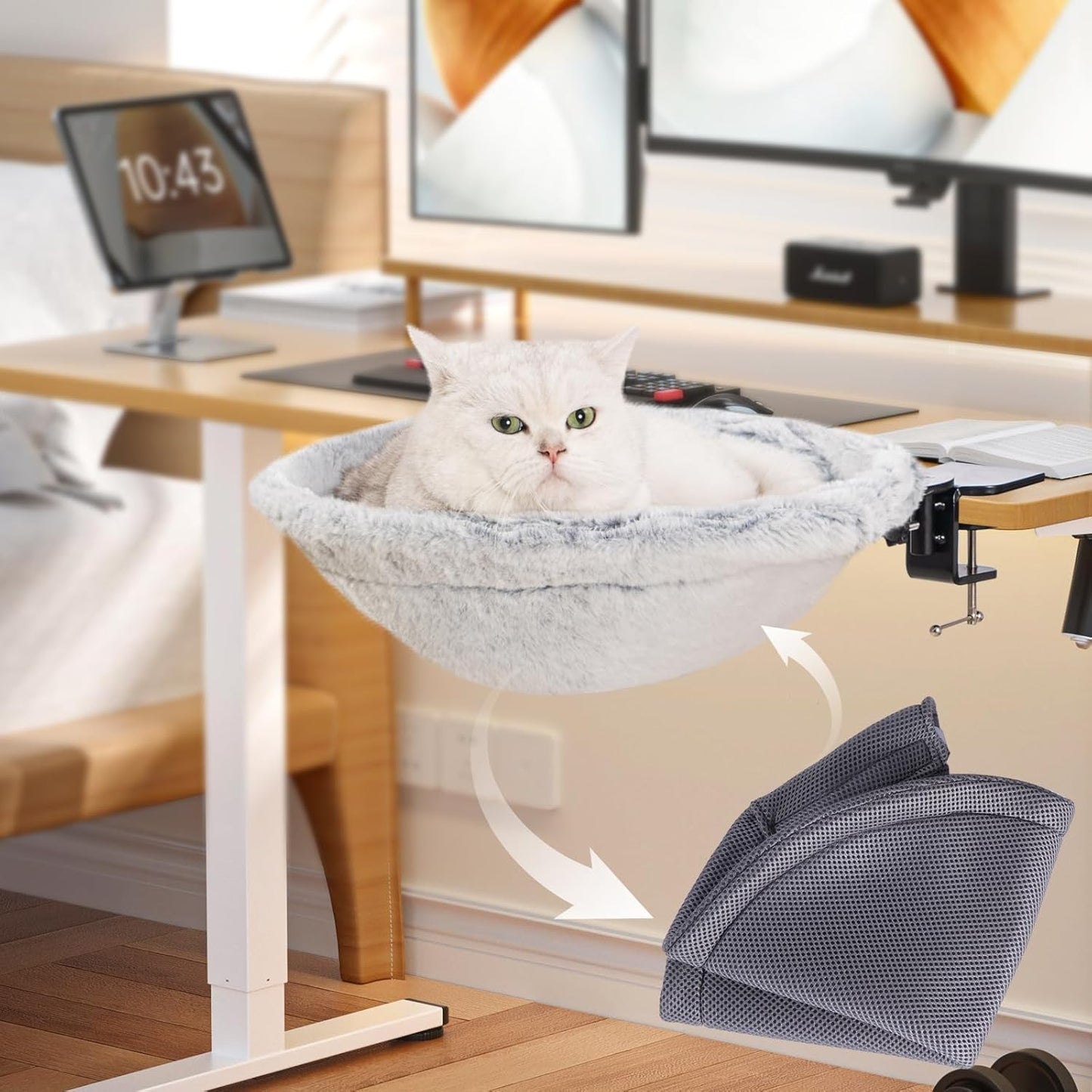 Cat Desk Bed - 180° Rotating Soft and Comfortable Rabbit Fur Bed, Modern Indoor Cat Furniture for Office Desks and Game Tables, Island Table - 50 lbs (Light Gray)