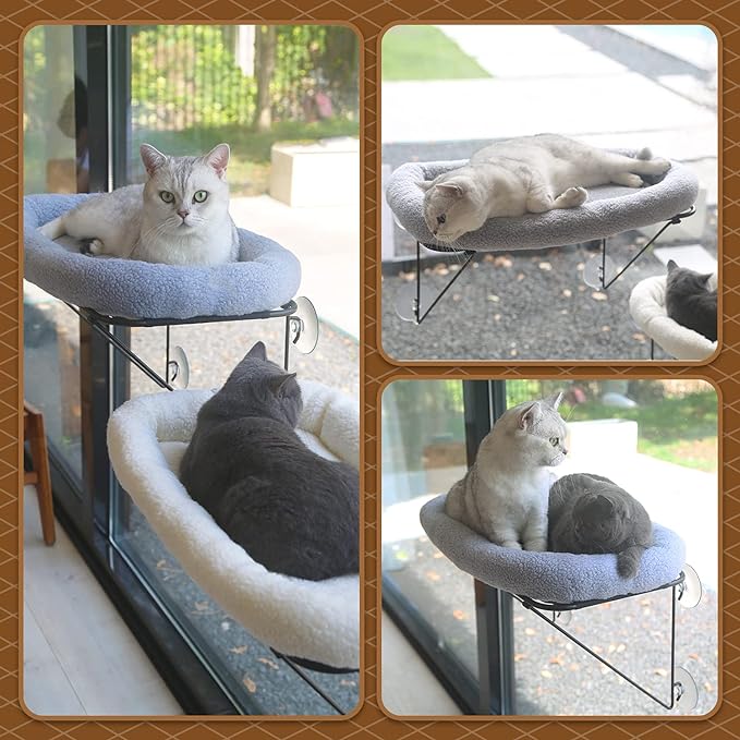 Cat Window Perch - 100% Metal Supported from Below - Comes with Warm Spacious Pet Bed - Cat Window Hammock for Large Cats &amp; Kittens - for Sunbathing, Napping &amp; Overlooking (Grey)