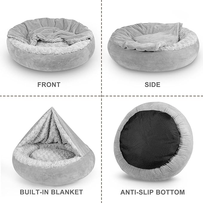 Small Dog Cat Bed with Hooded Blanket, Comfortable Luxury Small Dog Pet Bed, Donut Round Calming Anti-Anxiety Dog Cave Bed - Non-Slip Bottom, Machine Washable 23 Inch