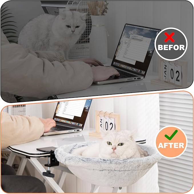 Cat Desk Bed - 180° Rotating Soft and Comfortable Rabbit Fur Bed, Modern Indoor Cat Furniture for Office Desks and Game Tables, Island Table - 50 lbs (Light Gray)