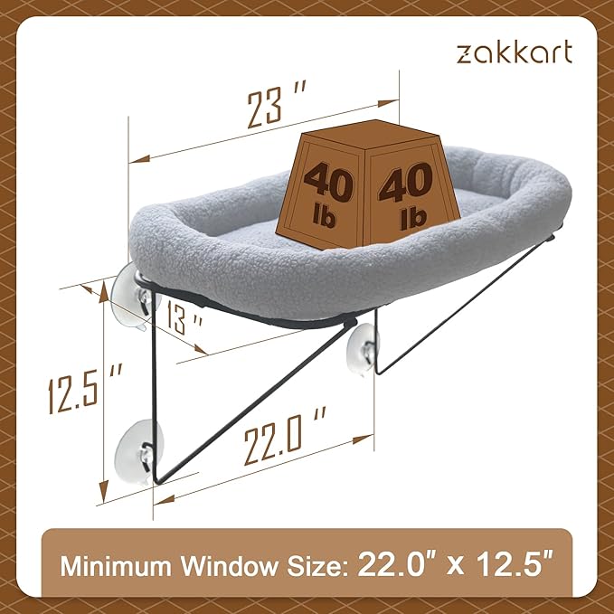 Cat Window Perch - 100% Metal Supported from Below - Comes with Warm Spacious Pet Bed - Cat Window Hammock for Large Cats &amp; Kittens - for Sunbathing, Napping &amp; Overlooking (Grey)
