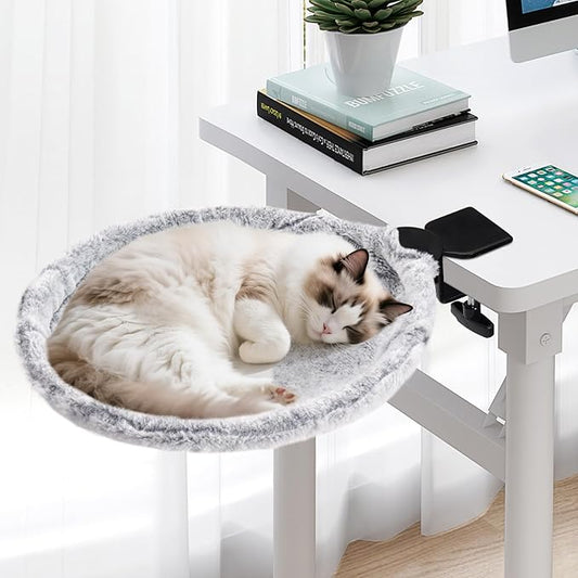 Cat Desk Bed - 180° Rotating Soft and Comfortable Rabbit Fur Bed, Modern Indoor Cat Furniture for Office Desks and Game Tables, Island Table - 50 lbs (Light Gray)