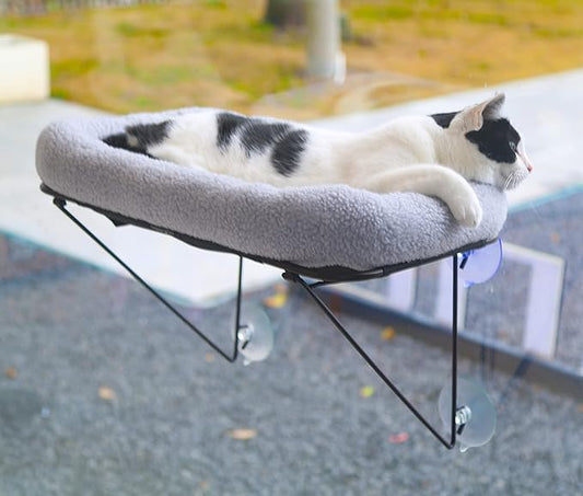 Cat Window Perch - 100% Metal Supported from Below - Comes with Warm Spacious Pet Bed - Cat Window Hammock for Large Cats &amp; Kittens - for Sunbathing, Napping &amp; Overlooking (Grey)