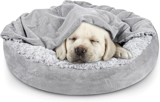 Small Dog Cat Bed with Hooded Blanket, Comfortable Luxury Small Dog Pet Bed, Donut Round Calming Anti-Anxiety Dog Cave Bed - Non-Slip Bottom, Machine Washable 23 Inch