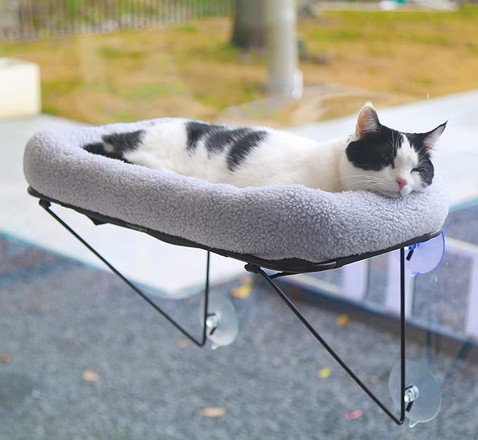Cat Window Perch - 100% Metal Supported from Below - Comes with Warm Spacious Pet Bed - Cat Window Hammock for Large Cats &amp; Kittens - for Sunbathing, Napping &amp; Overlooking (Grey)