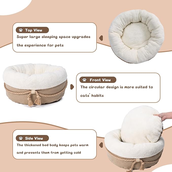 Cat Bed and Small Dog Bed with Support Walls, Thick Bottom, Comfortable Donut Shape, Soft and Durable Fabric, 20x20x10 Cat Bed for Indoor Cats
