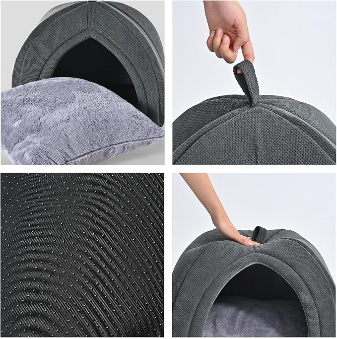 2-in-1 Foldable Cat House for Indoor Cats with Washable Cushion and Non-Slip Base, 15 x 15 Inches, Small