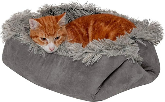 Self-Heating Cat Bed for Indoor Cats, 4-in-1 Washable - Long Faux Fur Convertible Throw - Gray, Small