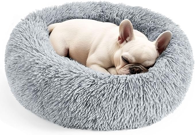Indoor Cat Bed for Dogs and Cats, 20 Inch Soothing Donut Bed for Puppies and Kittens, Washable Round Fluffy Pet Bed for Small and Medium Dogs and Cats (Light Gray)