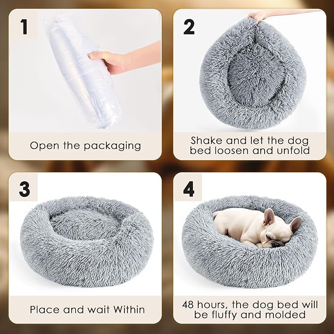 Indoor Cat Bed for Dogs and Cats, 20 Inch Soothing Donut Bed for Puppies and Kittens, Washable Round Fluffy Pet Bed for Small and Medium Dogs and Cats (Light Gray)