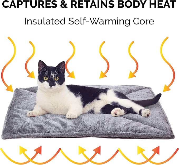 Self-Heating Cat Bed for Indoor Cats and Small Dogs, Washable and Reflective - Quilted Faux Fur Reflective Mattress - Gray, Small