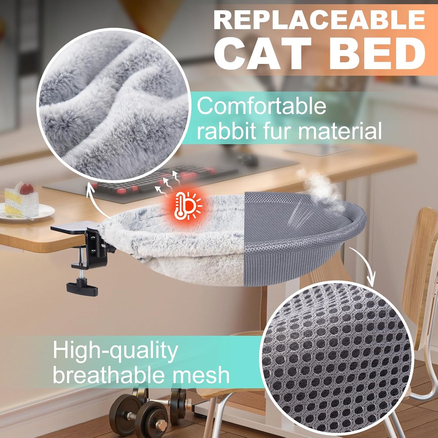 Cat Desk Bed - 180° Rotating Soft and Comfortable Rabbit Fur Bed, Modern Indoor Cat Furniture for Office Desks and Game Tables, Island Table - 50 lbs (Light Gray)